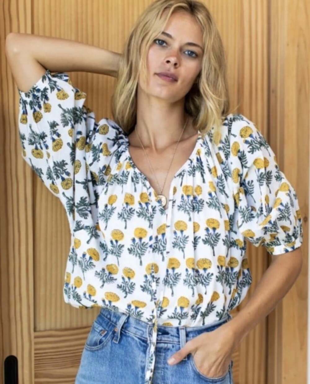 Emerson Fry India Collection Women’s Medium Blouse White Floral Cotton Balloon